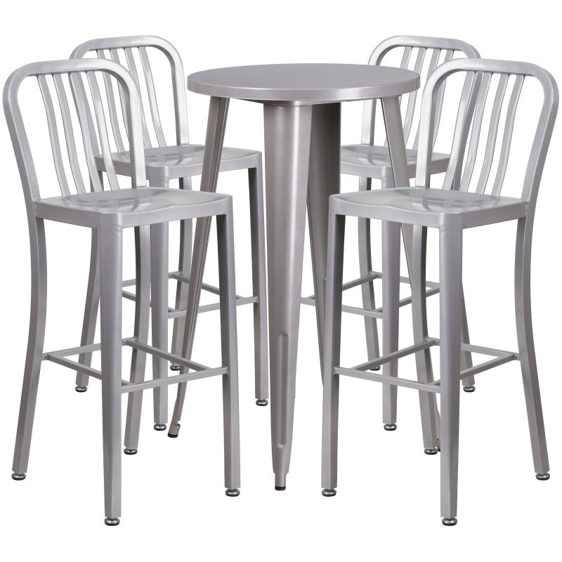 CH-51080BH-4-30VRT Richard Commercial Grade 24 Round Silver Metal Indoor-Outdoor Bar Table Set with 4 Stools