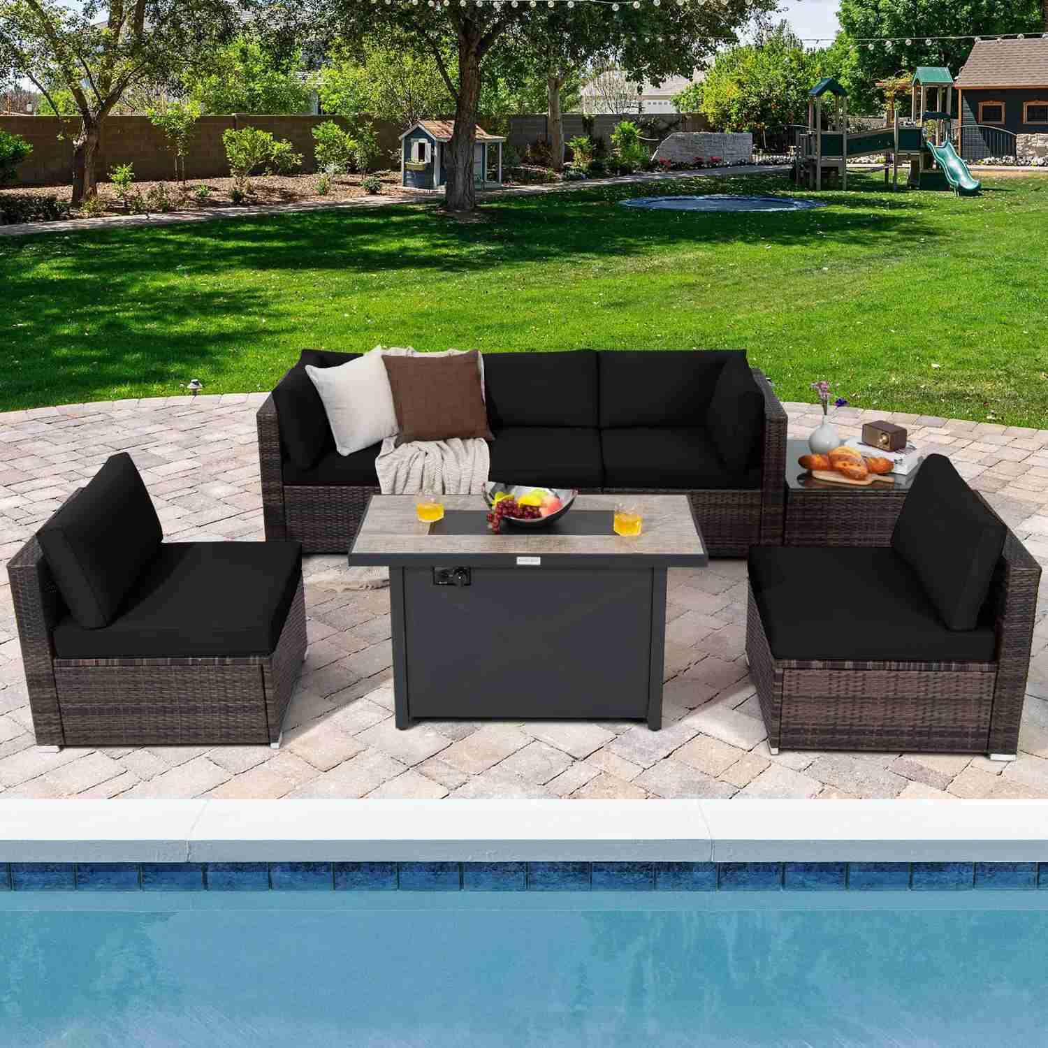 Tangkula 7-Piece Patio Furniture Set with 42" Fire Pit Table (60,000 BTU)