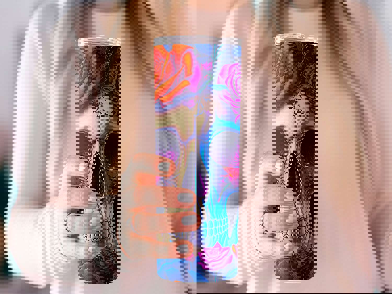 3D Colorful Skull and Roses Stainless Steel Tumbler with Straw - Double Wall Insulated for Hot & Cold Drinks