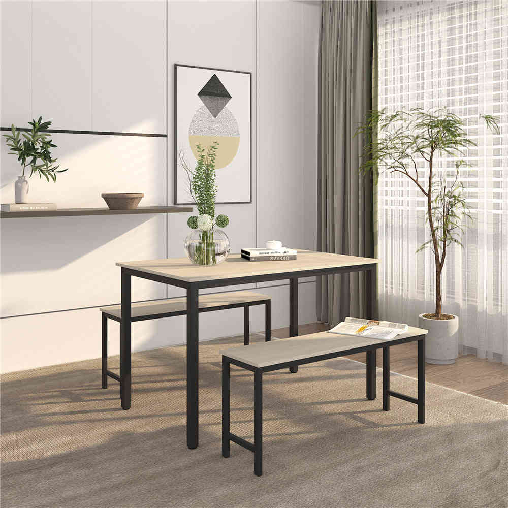 3-Piece Farmhouse Dining Room Set for 4 with Metal Frame and MDF Board