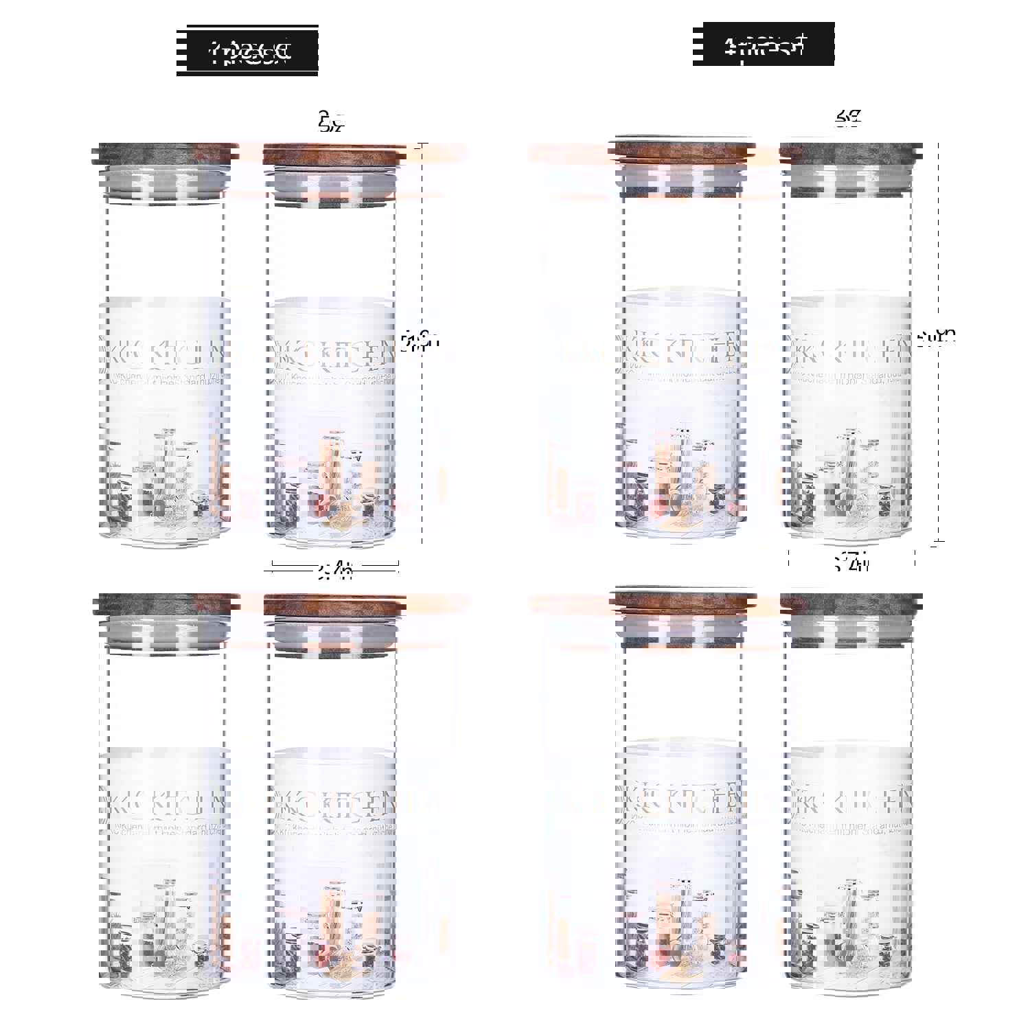 KKC Glass Airtight Food Storage Jar Containers with Wooden Lids, 25 FLoz (750 ML), Pack of 4