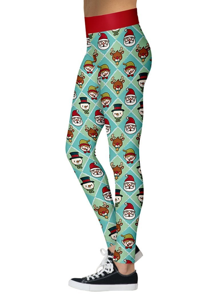 Fashion Plaid Santa Claus Deer Print Christmas Pants Ankle Length Leggings For Women
