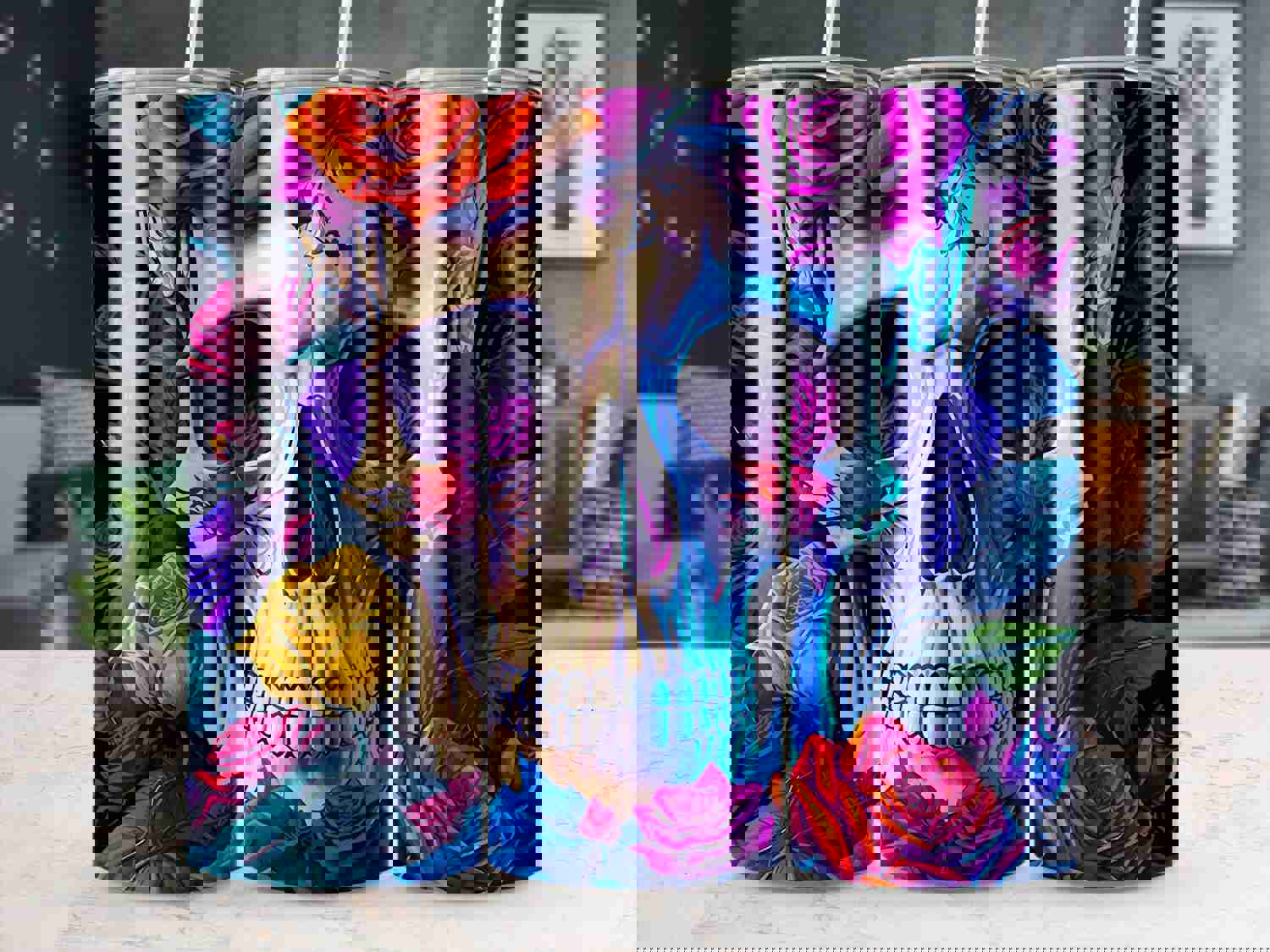 3D Colorful Skull and Roses Stainless Steel Tumbler with Straw - Double Wall Insulated for Hot & Cold Drinks