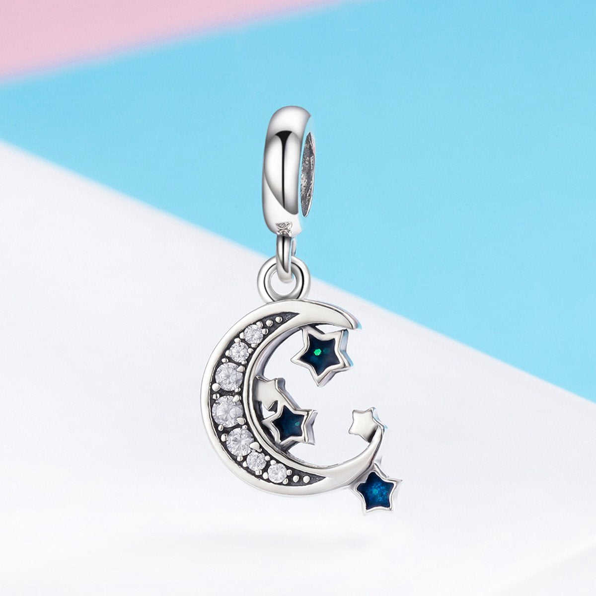 Sterling 925 Silver Moon and Blue Star Pendant for Pandora & European Charm Bracelets