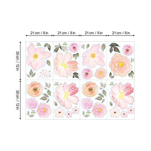 decalmile Pink Flower Wall Decals - Watercolor Blooming Peony Floral Stickers for Girls Bedroom and Wedding Party