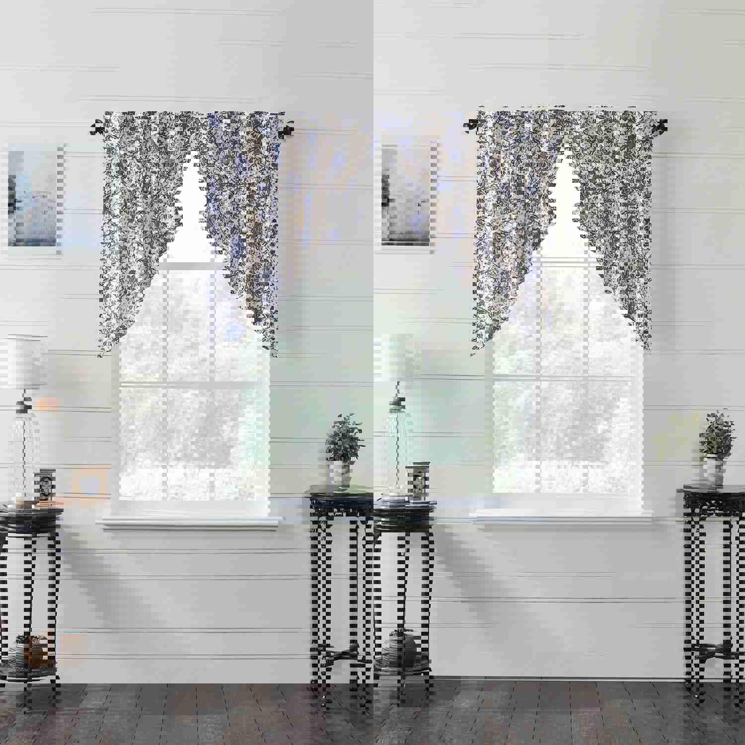 Dorset Navy Floral Prairie Swag Set of 2 - Farmhouse Style Window Decor