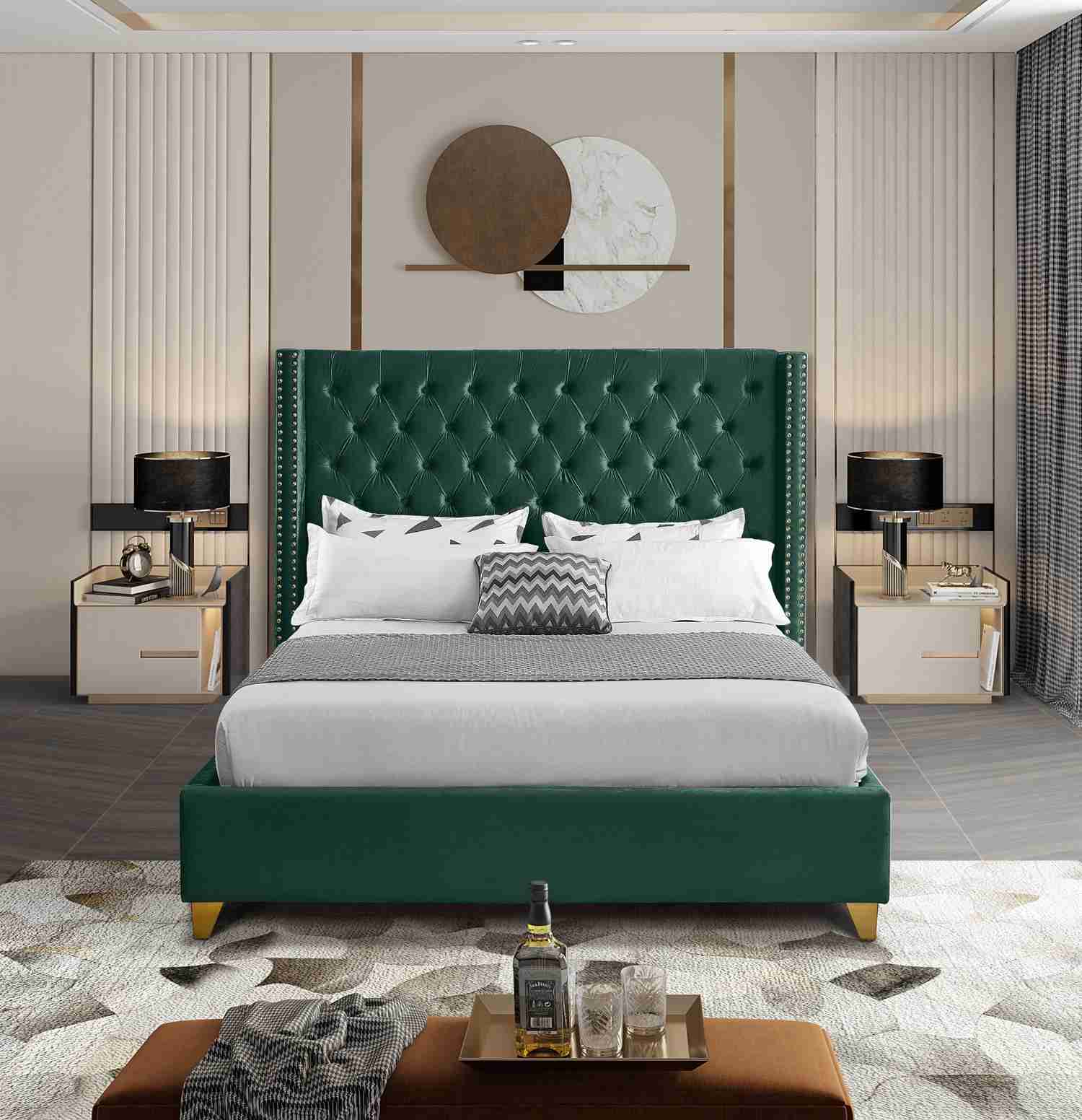 Barolo Green Velvet King Bed - Elegant Wing Design with Gold Accents
