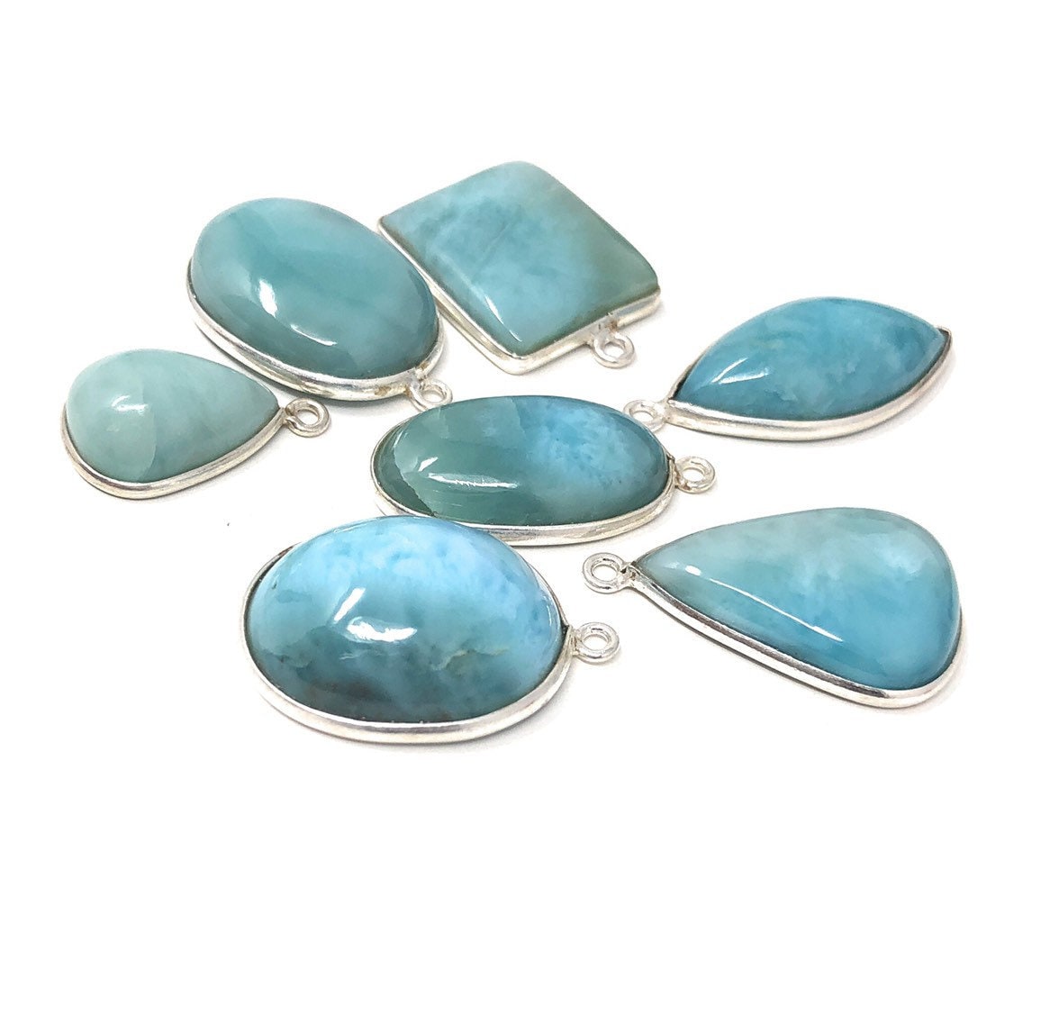 7 Pc AAA Grade Larimar Gemstone Charms, Sterling Silver DIY Jewelry Supplies