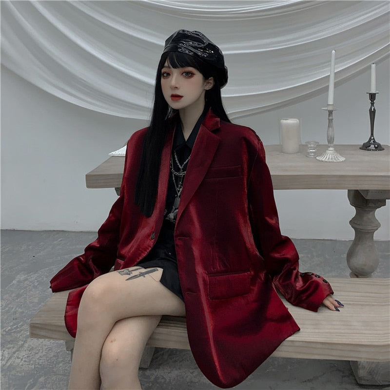 Yangelo StreetSuit Jacket Women Spring Autumn 2023 Vintage Office Lady Wine Red Blazer