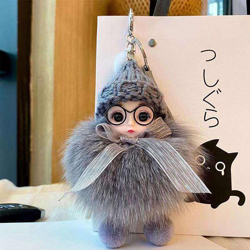 Real Fur Fox Fur Ball Pendant with Big Eyes Doll Plush Keychain