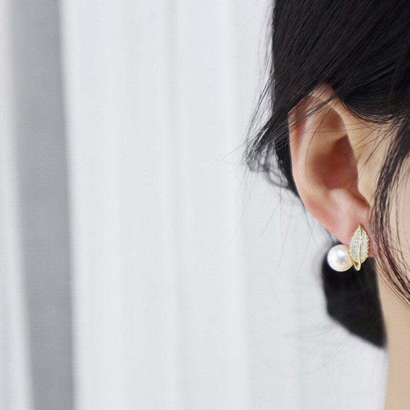 Korea Design Elegant Copper Zircon Leaf Pearl Earrings for Women