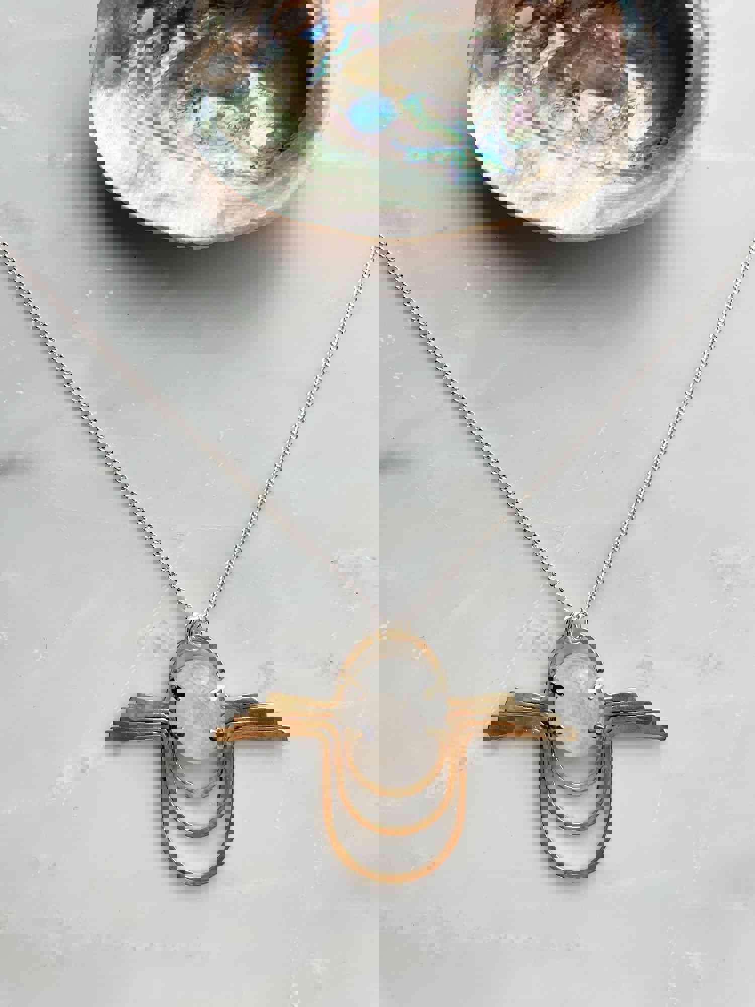 Moonstone Nouveau Pendant Necklace - Handcrafted Brass & Rainbow Moonstone