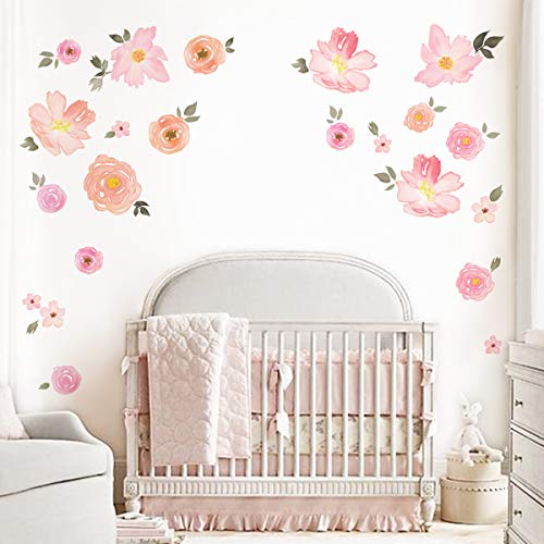 decalmile Pink Flower Wall Decals - Watercolor Blooming Peony Floral Stickers for Girls Bedroom and Wedding Party