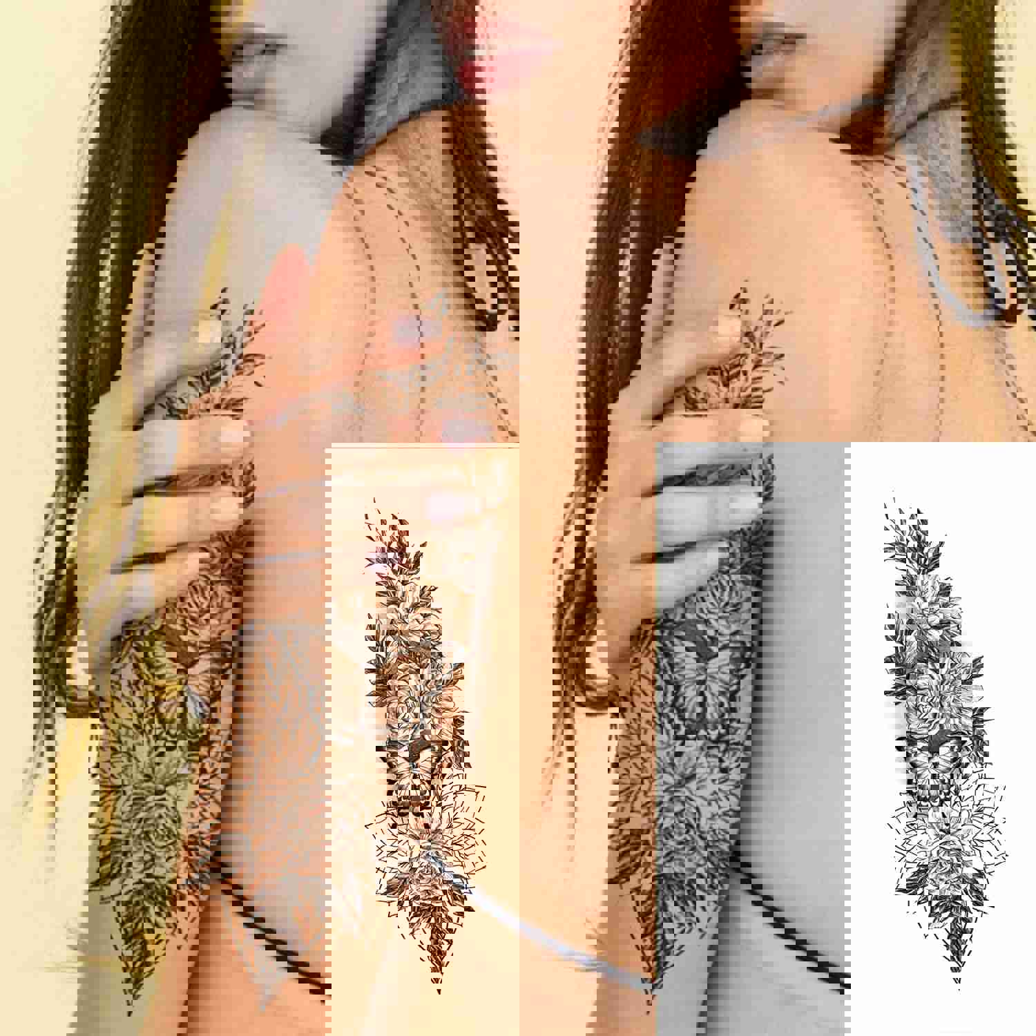 32pcs Black Rose Flower Temporary Tattoo Sticker For Women, Multiple Floral Pattern Designs (7.5X3.8 inch)