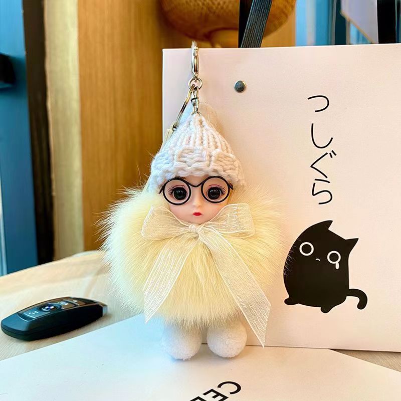 Real Fur Fox Fur Ball Pendant with Big Eyes Doll Plush Keychain