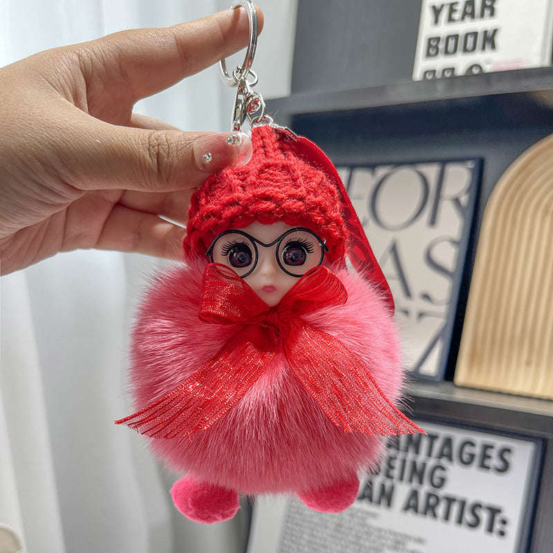 Real Fur Fox Fur Ball Pendant with Big Eyes Doll Plush Keychain