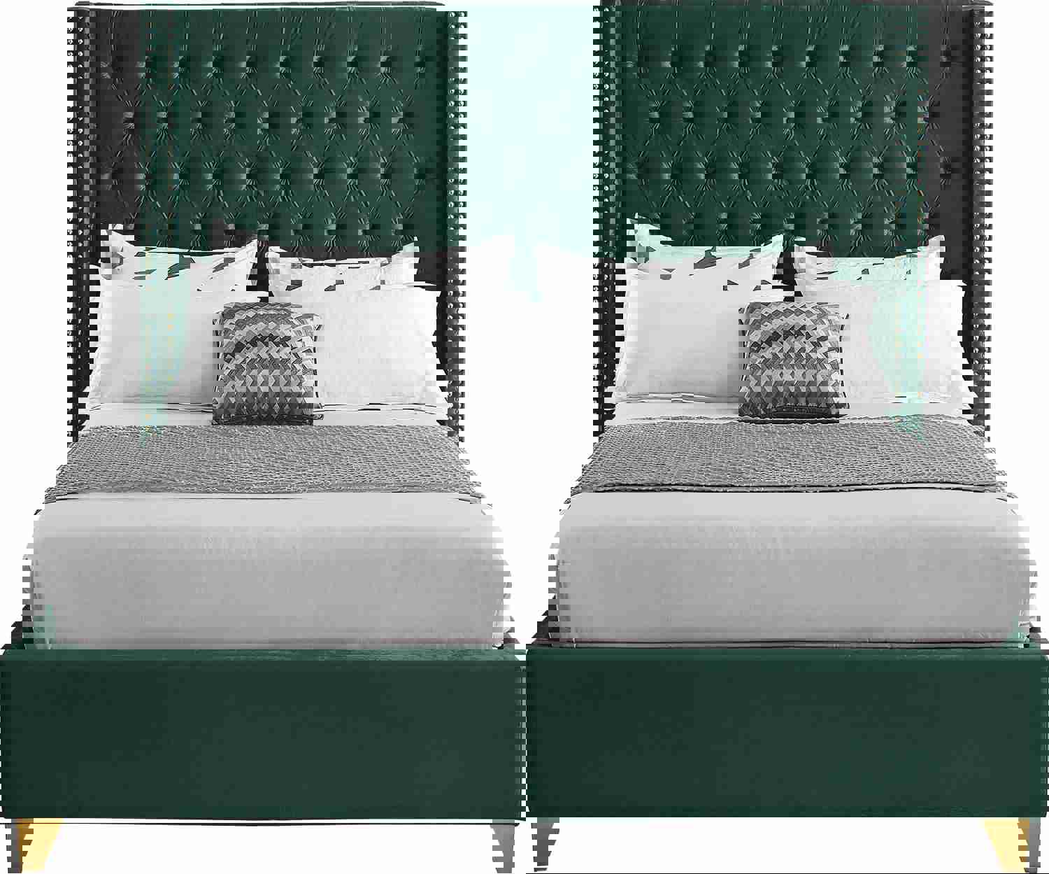 Barolo Green Velvet King Bed - Elegant Wing Design with Gold Accents