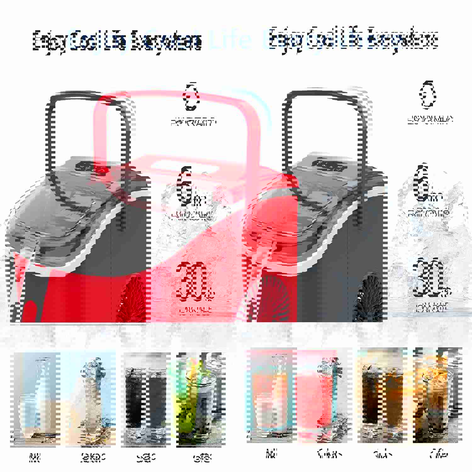 Fast Ice Maker Countertop with Handle, 9 Cubes in 6 Mins, 26Lbs/24H, Self-Cleaning Portable Ice Machine for Home/Kitchen/Office, Red