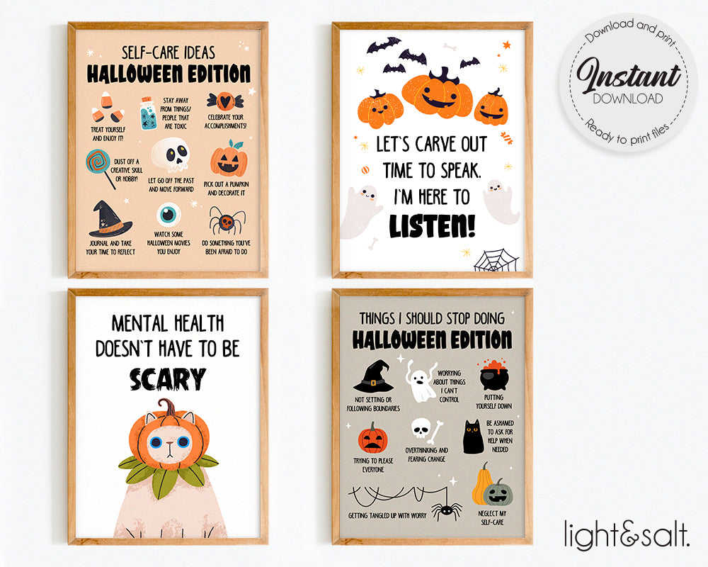 Mental Health Posters Set of 4 - Halloween Self Care Digital Download