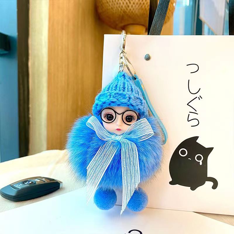 Real Fur Fox Fur Ball Pendant with Big Eyes Doll Plush Keychain