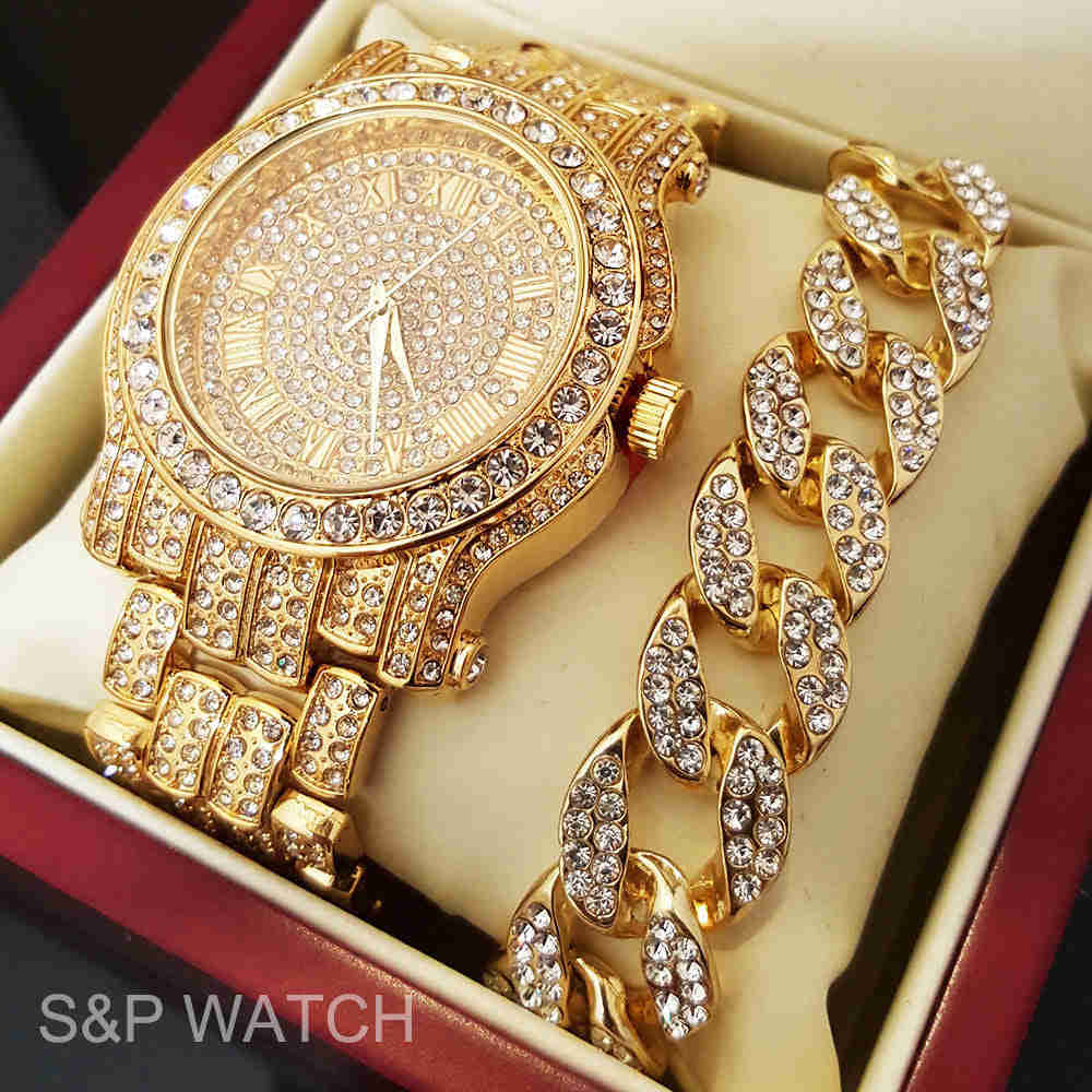 Iced Out Gold Tone Simulated Diamond Watch & Cuban Bracelet Luxury Gift Set