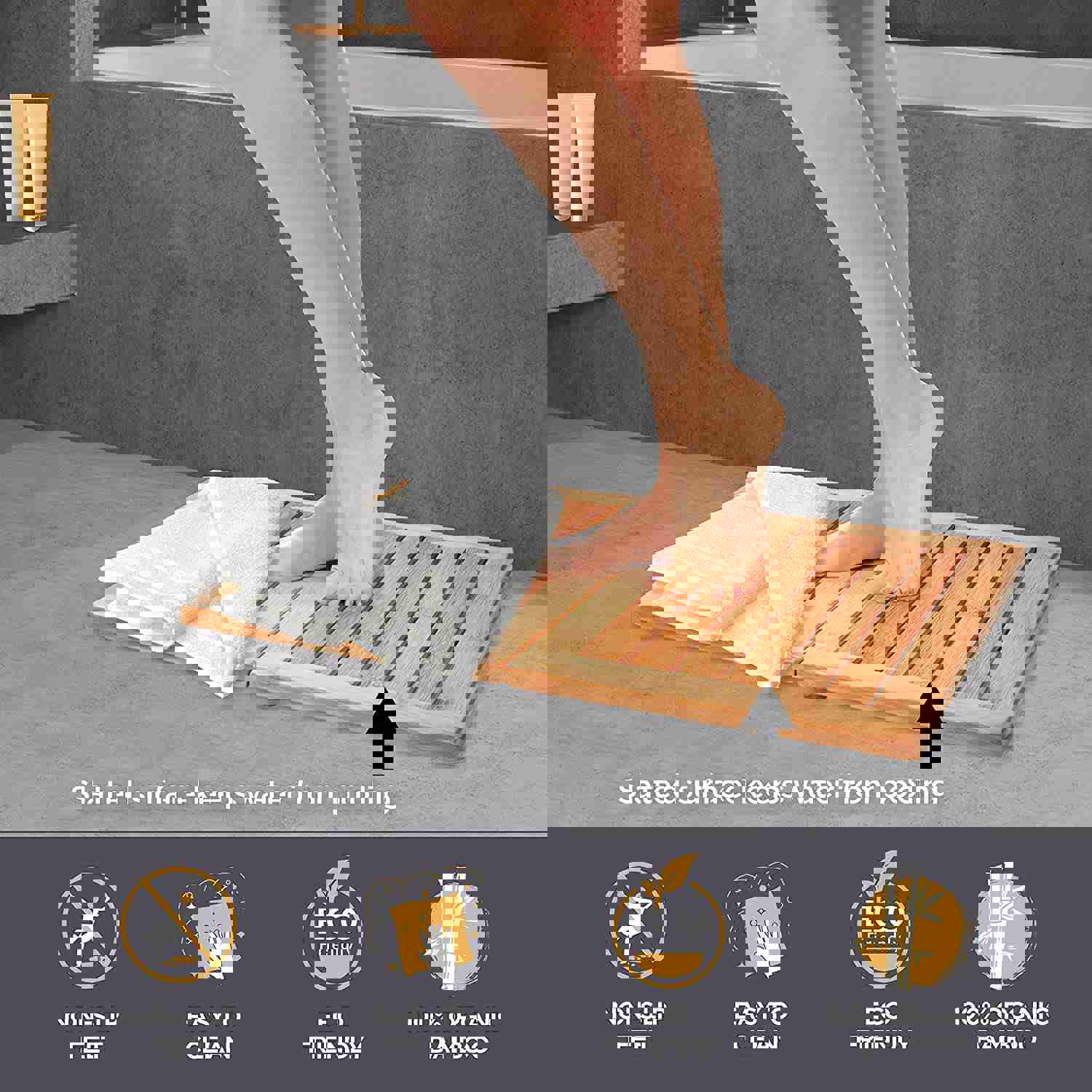 Bamb�si Premium Bamboo Bath Mat - Foldable Wood Shower Mat for Easy Storage, Non-Slip Bathroom Mat