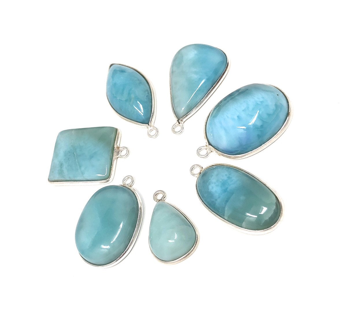 7 Pc AAA Grade Larimar Gemstone Charms, Sterling Silver DIY Jewelry Supplies