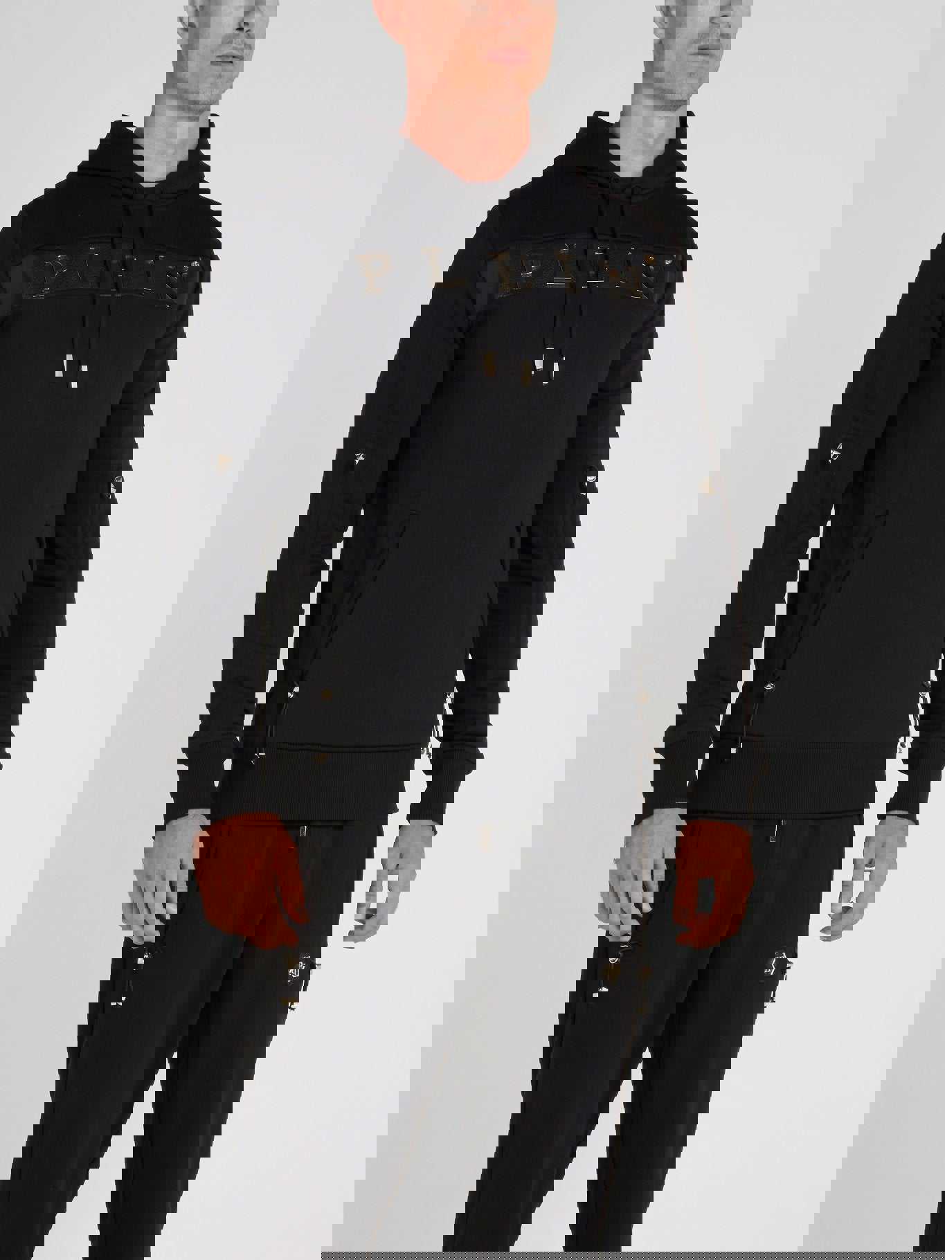 Black Logo Embellished Drawstring Hoodie by Philipp Plein