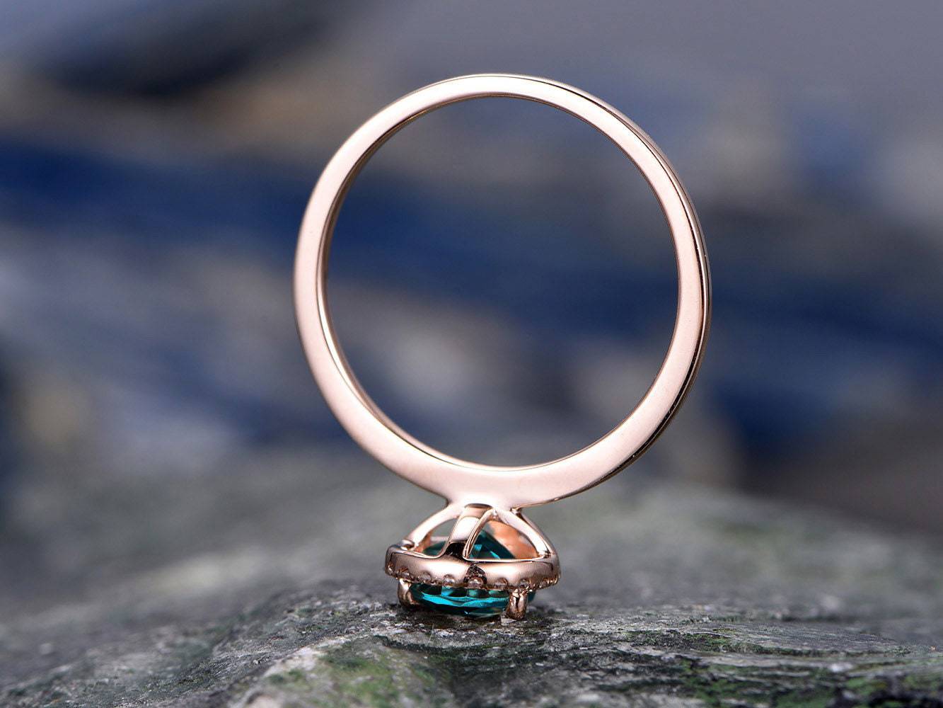 Pear Cut Emerald Engagement Ring in Rose Gold with Real Diamond Halo - May Birthstone Jewelry Gift