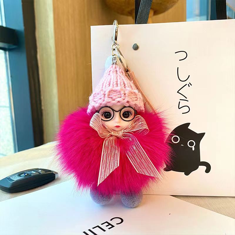 Real Fur Fox Fur Ball Pendant with Big Eyes Doll Plush Keychain