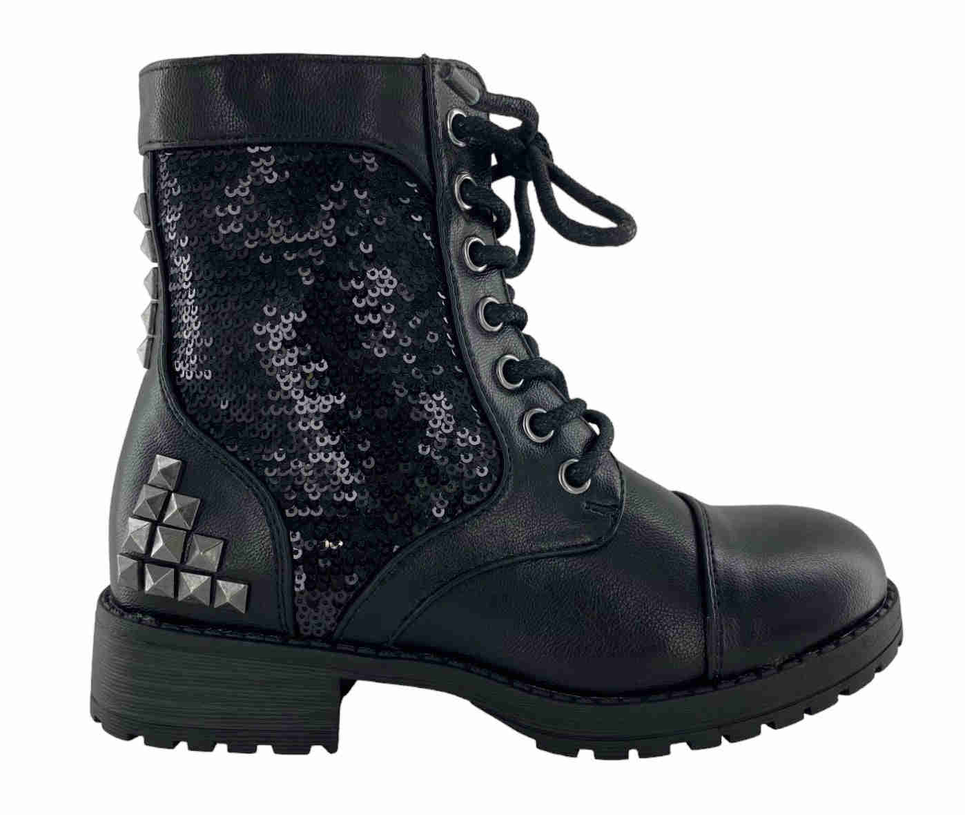 Gotta Flurt Girls Swag II G Black Sequin Short Shaft Combat Boot
