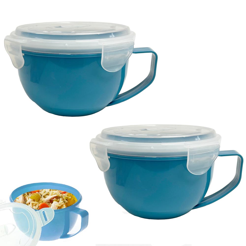 2 Pack Microwave Soup Food Bowl with Vent Lid, 30oz Plastic Mug for Freezer Storage