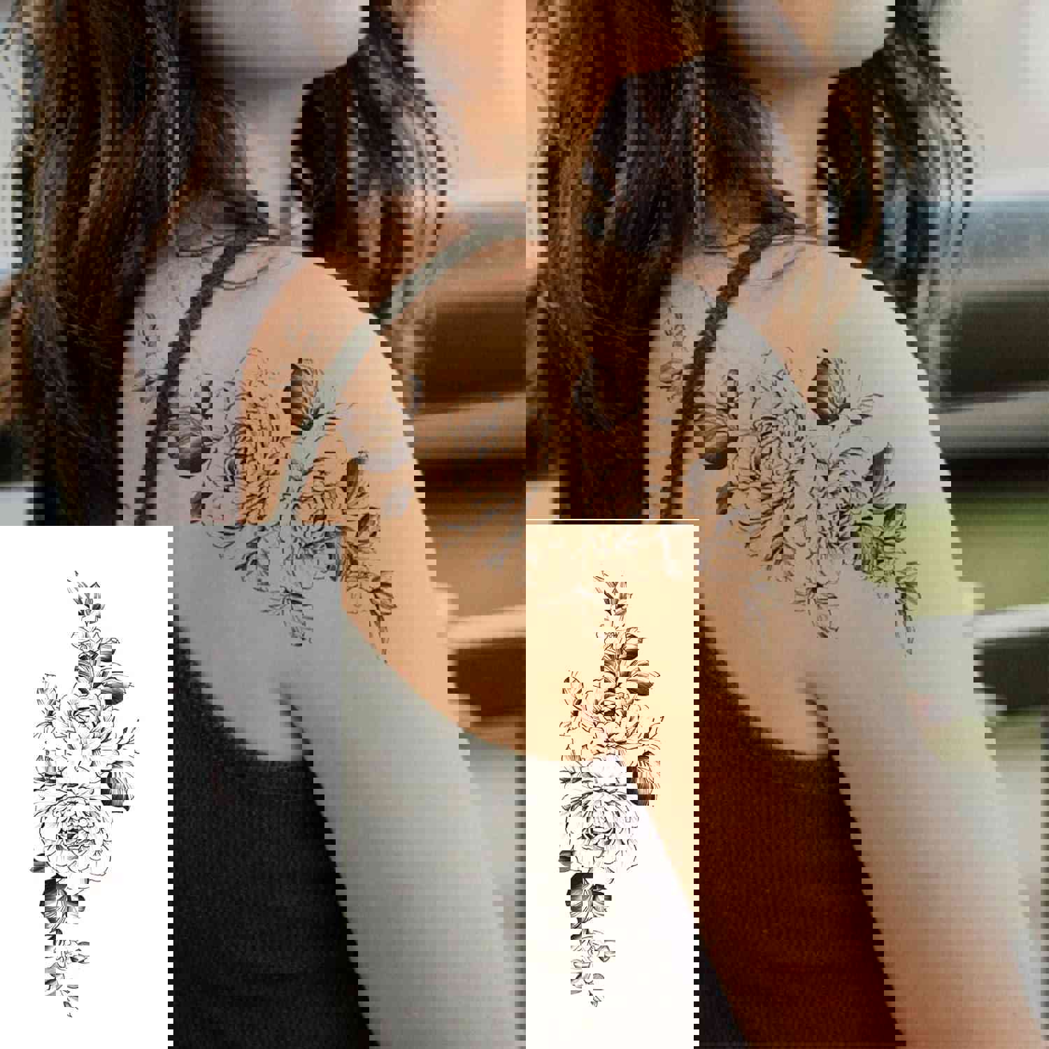 32pcs Black Rose Flower Temporary Tattoo Sticker For Women, Multiple Floral Pattern Designs (7.5X3.8 inch)