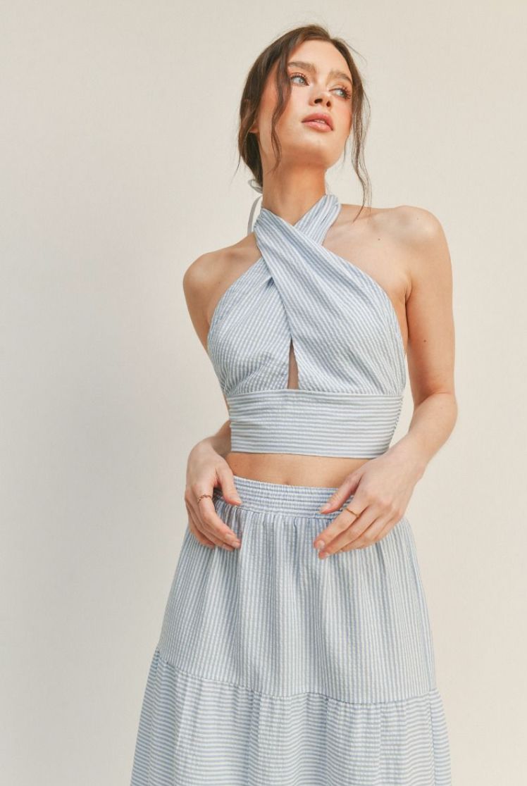 Lush Clothing Havanna Halter Top - Striped Smocked Back Tie Top