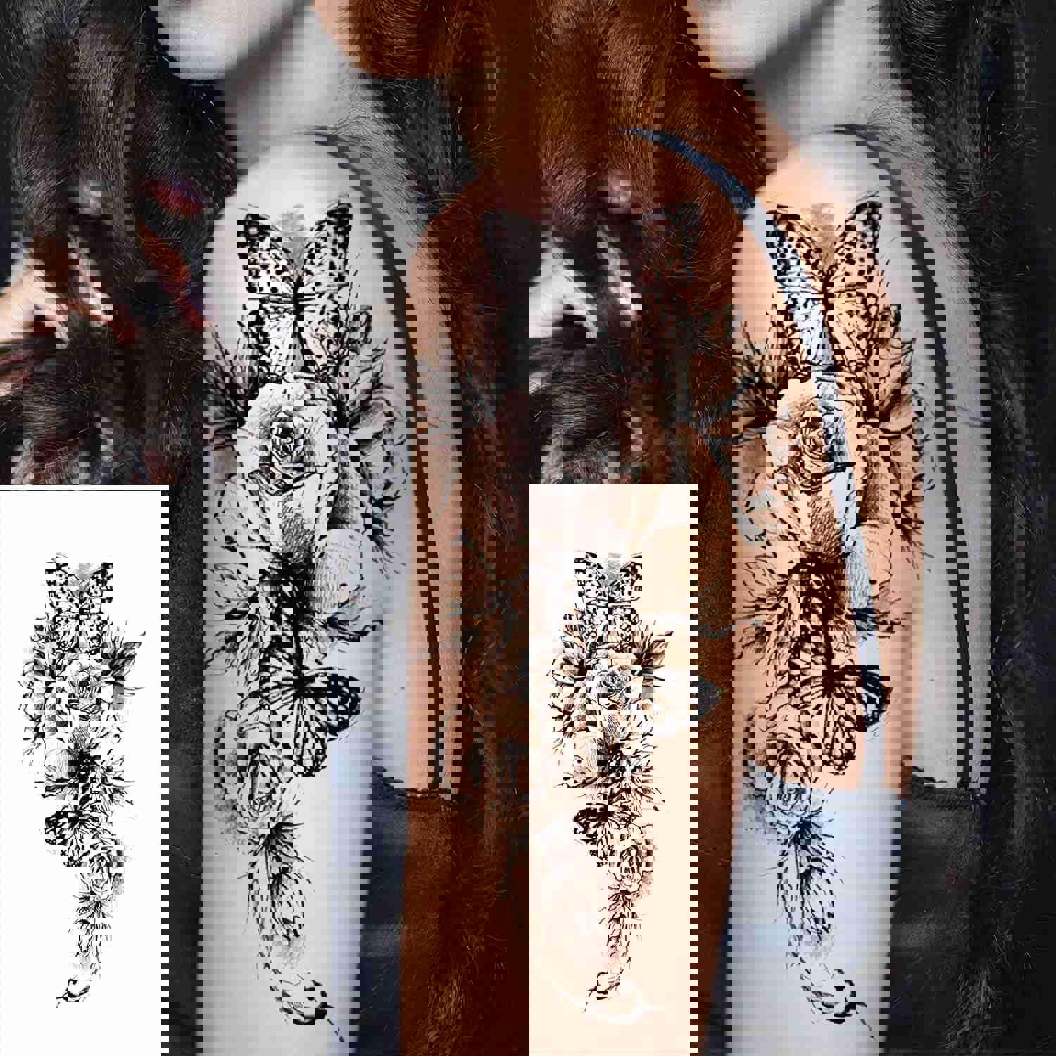 32pcs Black Rose Flower Temporary Tattoo Sticker For Women, Multiple Floral Pattern Designs (7.5X3.8 inch)