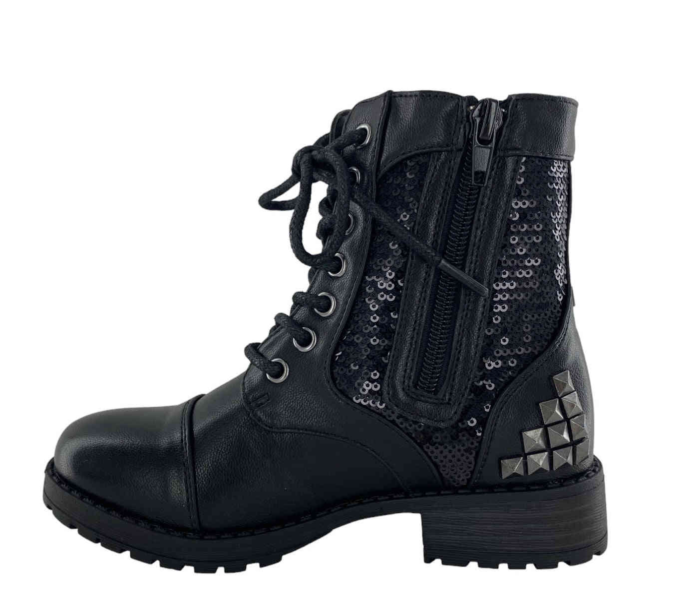 Gotta Flurt Girls Swag II G Black Sequin Short Shaft Combat Boot