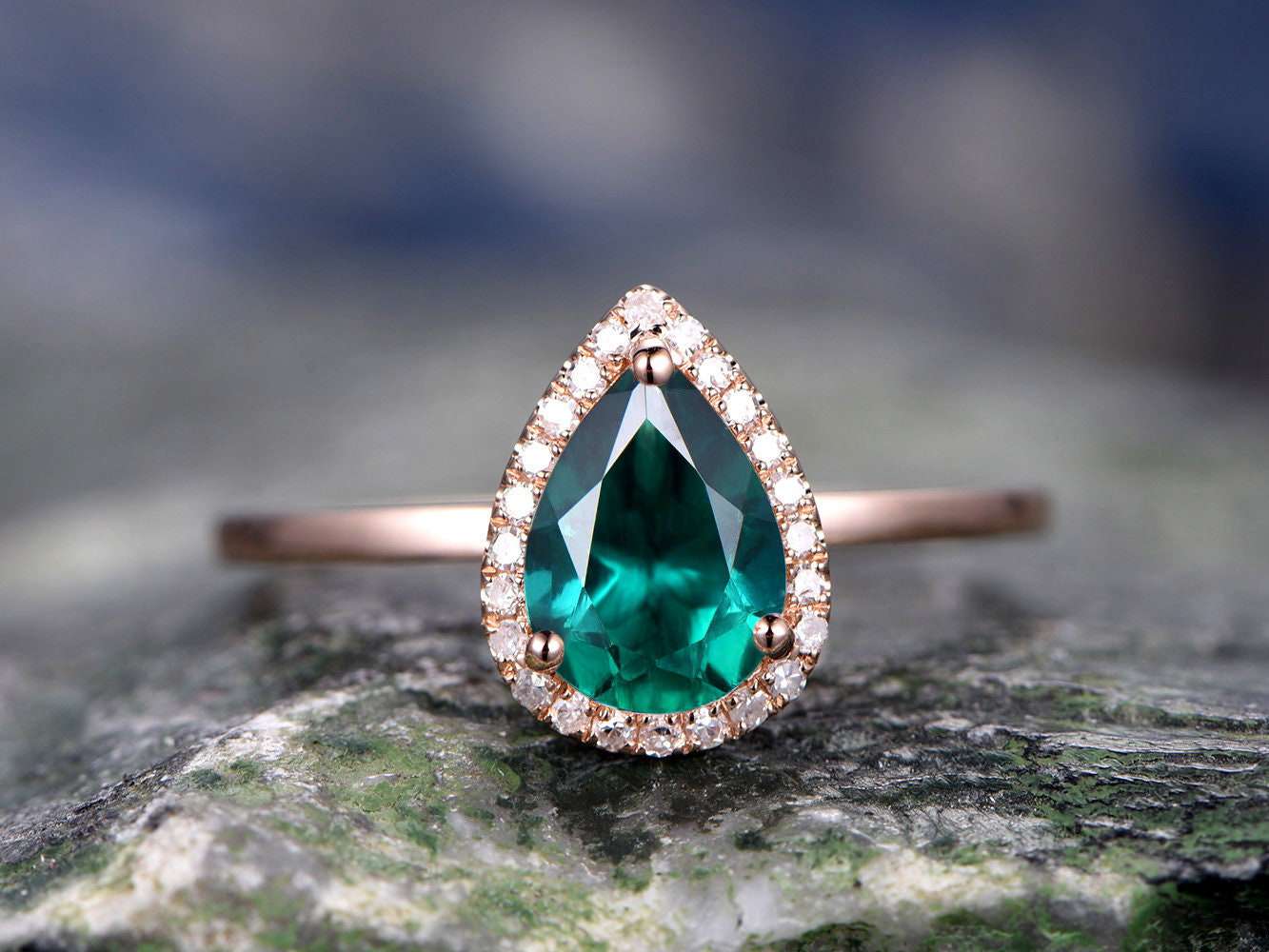 Pear Cut Emerald Engagement Ring in Rose Gold with Real Diamond Halo - May Birthstone Jewelry Gift