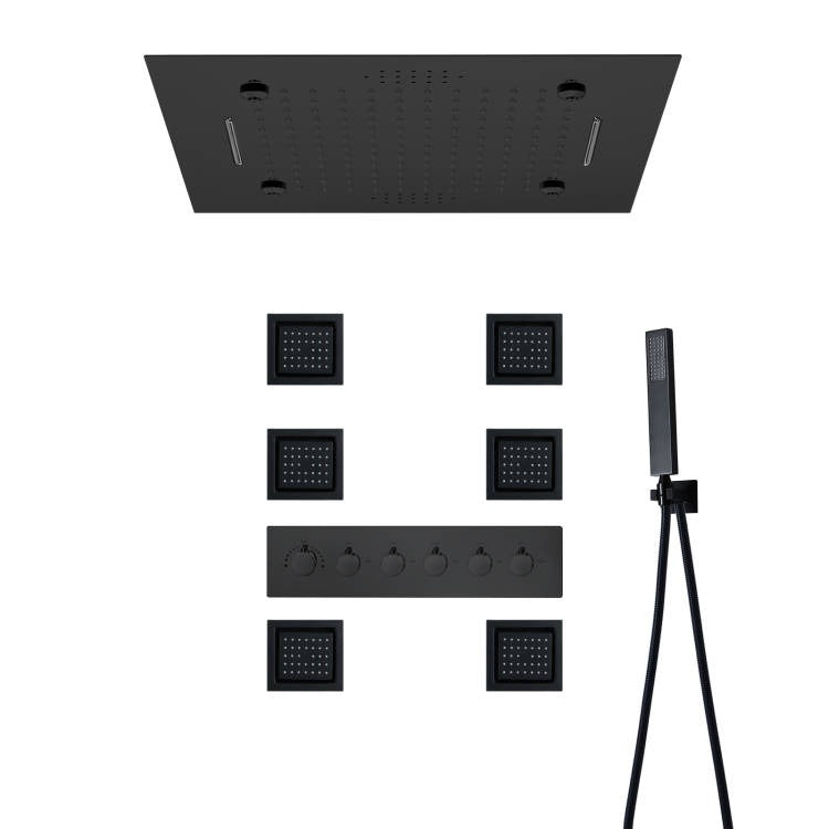 MONACO BLACK 20x20 Complete Luxury LED Music Shower Set with Rainfall, Waterfall, Mist Spray and 6x Body Jets