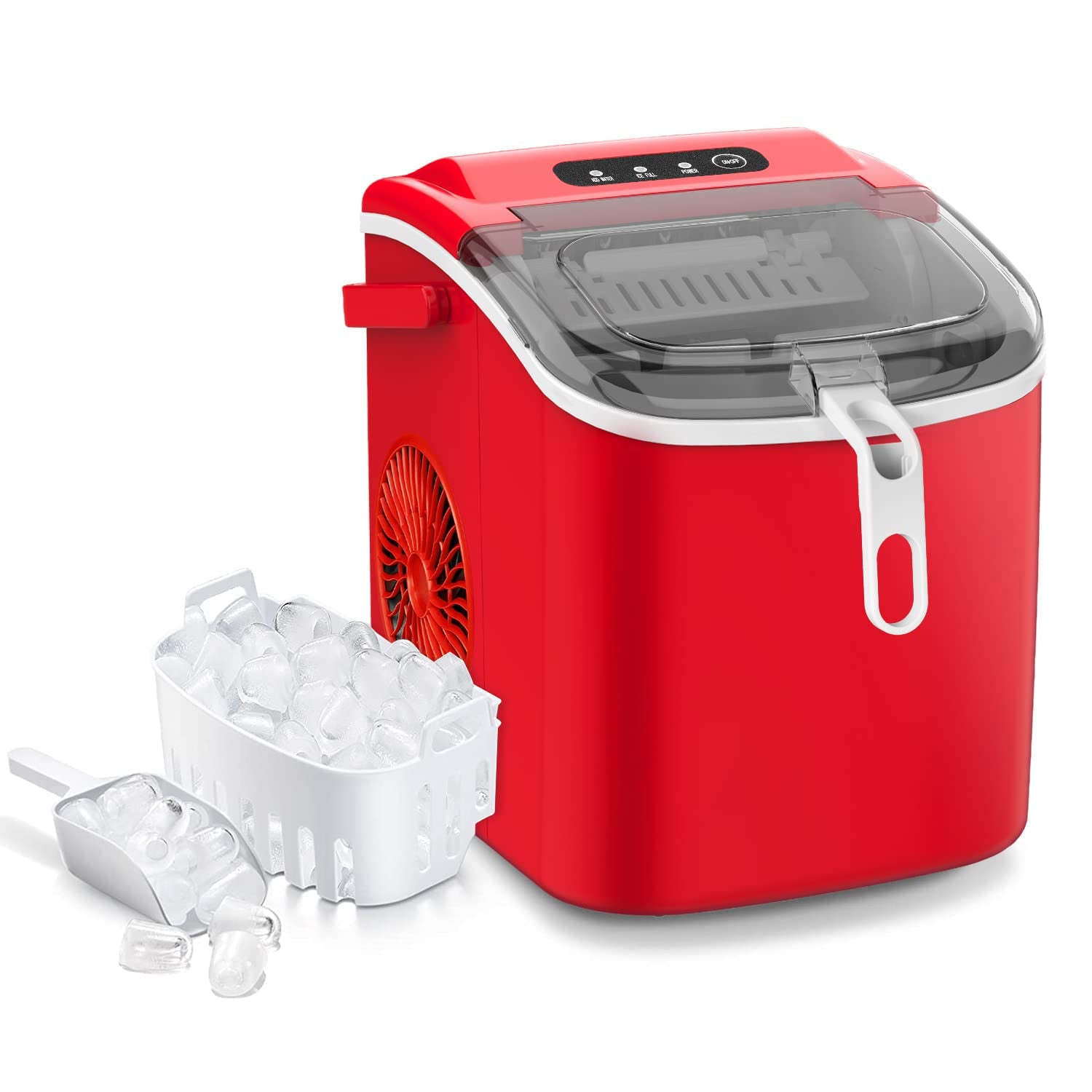 Fast Ice Maker Countertop with Handle, 9 Cubes in 6 Mins, 26Lbs/24H, Self-Cleaning Portable Ice Machine for Home/Kitchen/Office, Red