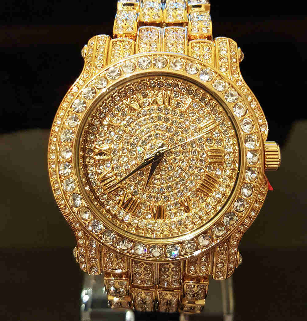 Iced Out Gold Tone Simulated Diamond Watch & Cuban Bracelet Luxury Gift Set