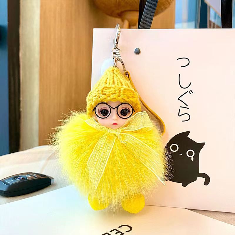 Real Fur Fox Fur Ball Pendant with Big Eyes Doll Plush Keychain