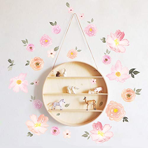 decalmile Pink Flower Wall Decals - Watercolor Blooming Peony Floral Stickers for Girls Bedroom and Wedding Party