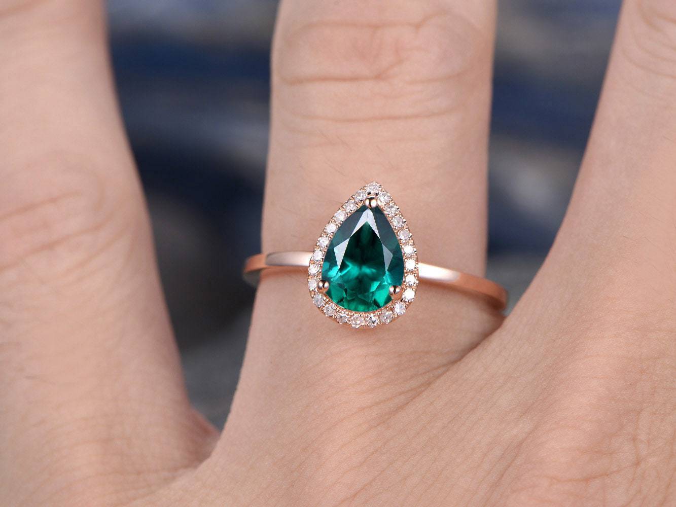 Pear Cut Emerald Engagement Ring in Rose Gold with Real Diamond Halo - May Birthstone Jewelry Gift