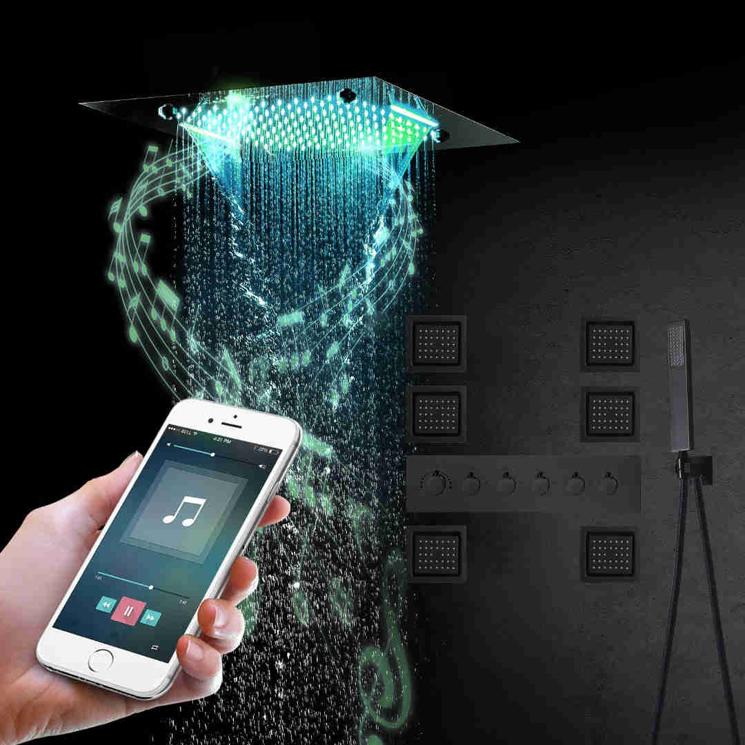 MONACO BLACK 20x20 Complete Luxury LED Music Shower Set with Rainfall, Waterfall, Mist Spray and 6x Body Jets