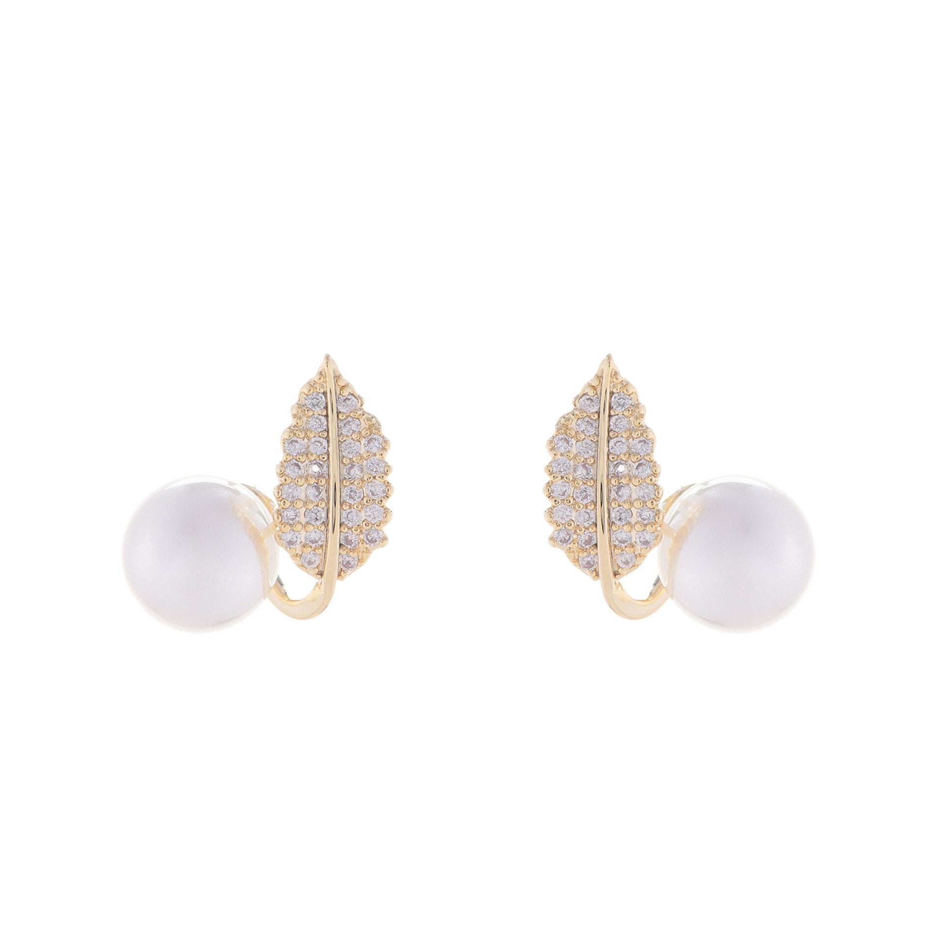 Korea Design Elegant Copper Zircon Leaf Pearl Earrings for Women