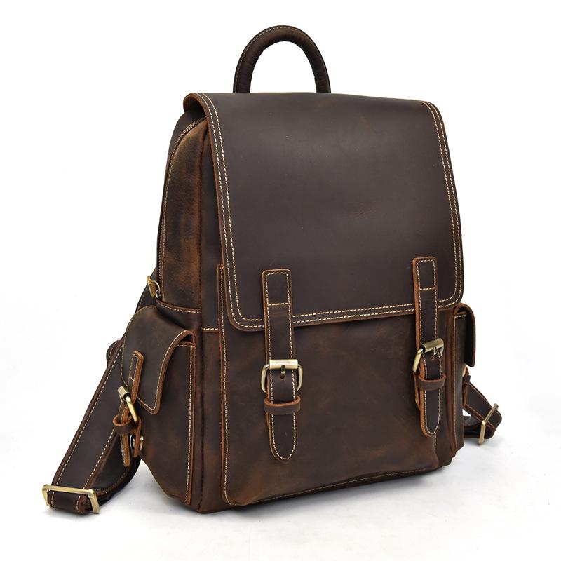 Premium Leather Men's Travel Backpack - Large Coffee Backpack with 13-inch Laptop Compartment