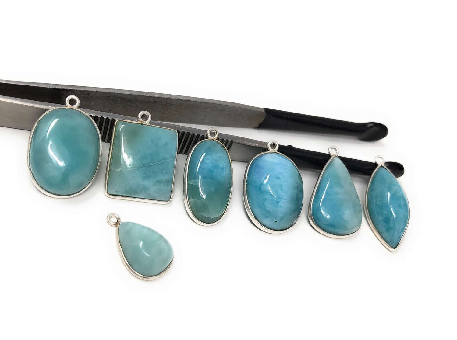 7 Pc AAA Grade Larimar Gemstone Charms, Sterling Silver DIY Jewelry Supplies
