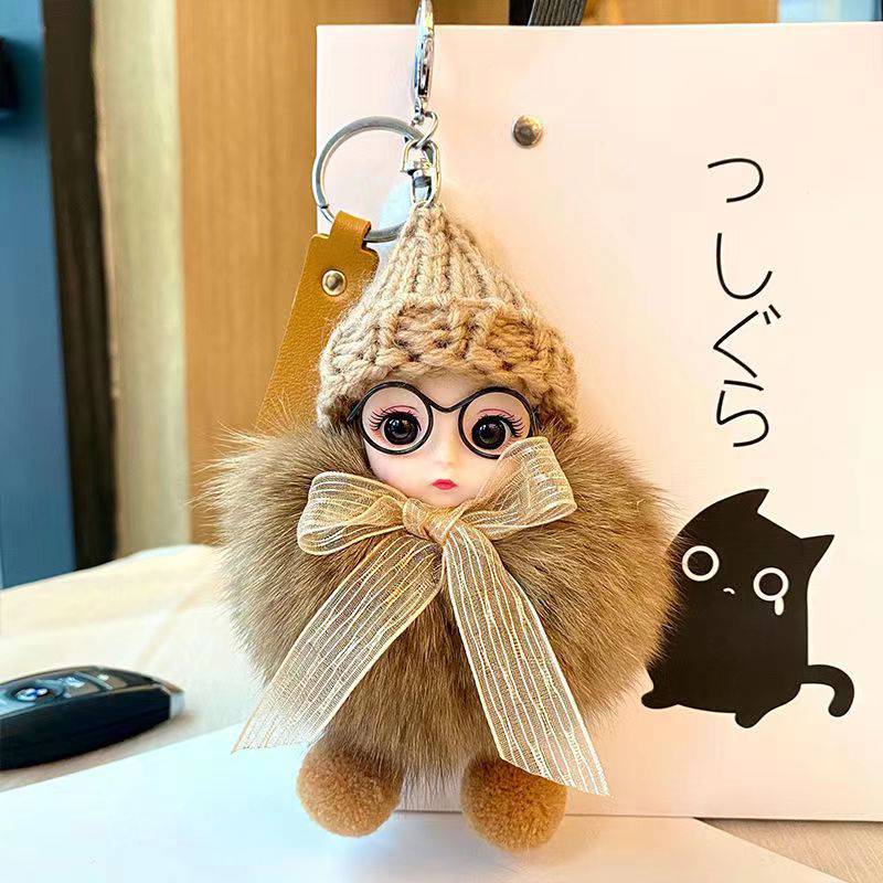 Real Fur Fox Fur Ball Pendant with Big Eyes Doll Plush Keychain