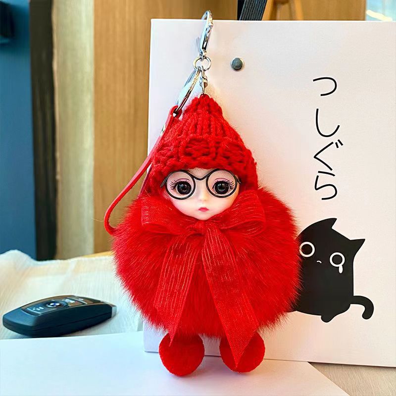 Real Fur Fox Fur Ball Pendant with Big Eyes Doll Plush Keychain
