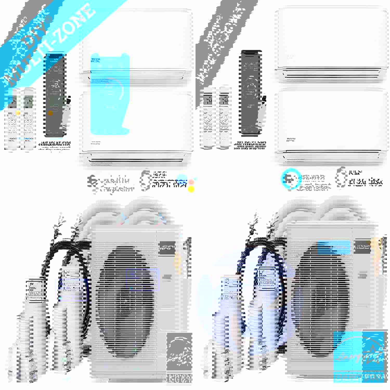 MRCOOL DIY 4th Gen 36K BTU 2-Zone Condenser with 9K+24K Handlers, 2 x 50ft and 1 x 25ft Linesets Bundle